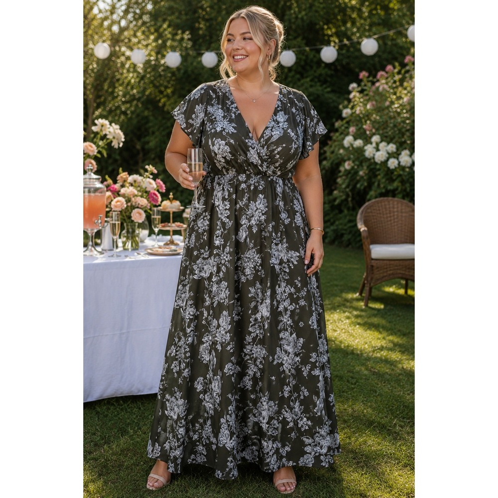 Bella Flore Womens Olive Green Floral Maxi Dress XL Cottagecore Garden Party